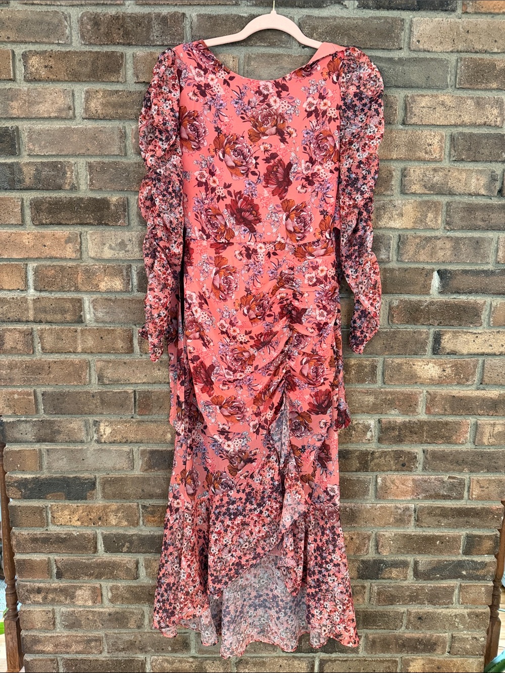 NSR Coral Floral Long-Sleeve Ruched Maxi Dress